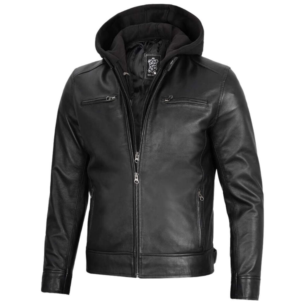 Men Black Leather Motorcycle Jacket With Hood