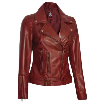 Women Maroon Biker Stylish LeatherJacket