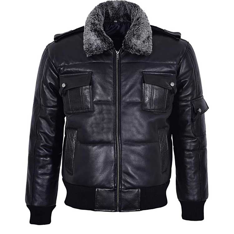 Men Black Bomber Fur Collar Leather Jacket