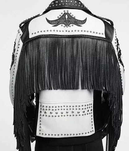 Unisex Black & White Fringe Stylish Leather Jacket