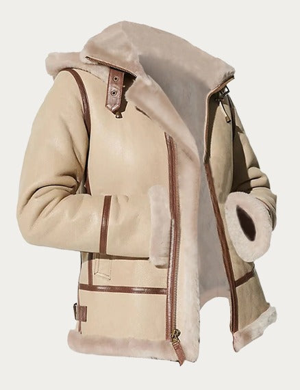 Alicia Pilot Aviator Shearling Beige Hooded Leather Jacket