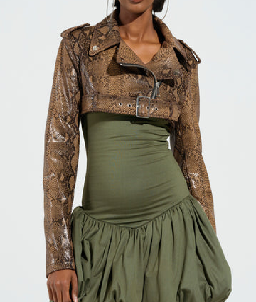 Ambyr Michelle Beyond the Gates 2025 Eva Thomas Brown Snakeskin Snak Faux Leather COUTURE ULTRA CROP MOTO Jacket