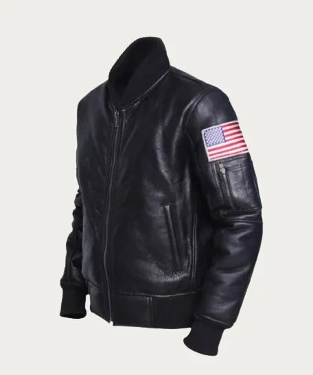 American Flag Black Leather bomber Biker  Jacket