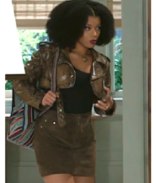 Ambyr Michelle Beyond the Gates 2025 Eva Thomas Brown Snakeskin Snak Faux Leather Cropped Moto Jacket