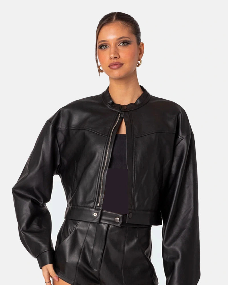 Black Faux Leathe rCropped Jacket