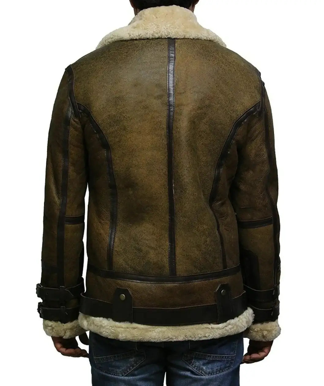 Men Brown Shearling Wax Bomber Fur Leather Jacket