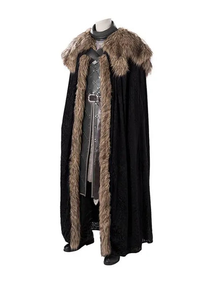 Game Of Thrones Season 8 Jon Snow Brown Fur Collar Black Cloak Suit Halloween Cosplay Costume