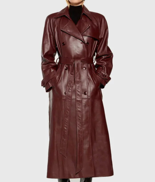 Selena Gomez Maroon Leather Trench Coat