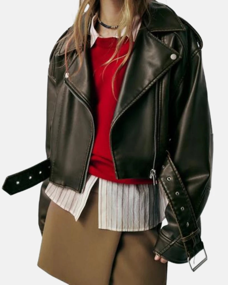 Leather Effect Cropped Leather Biker Jacket