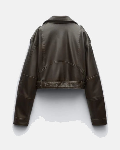 Leather Effect Oversized Brown Cropped Leather Biker Jacket