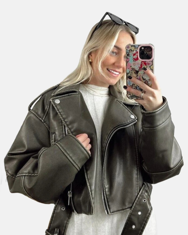 Leather jacket Zara Khaki Charcoal Crop Oversized Belted Leather Jacket