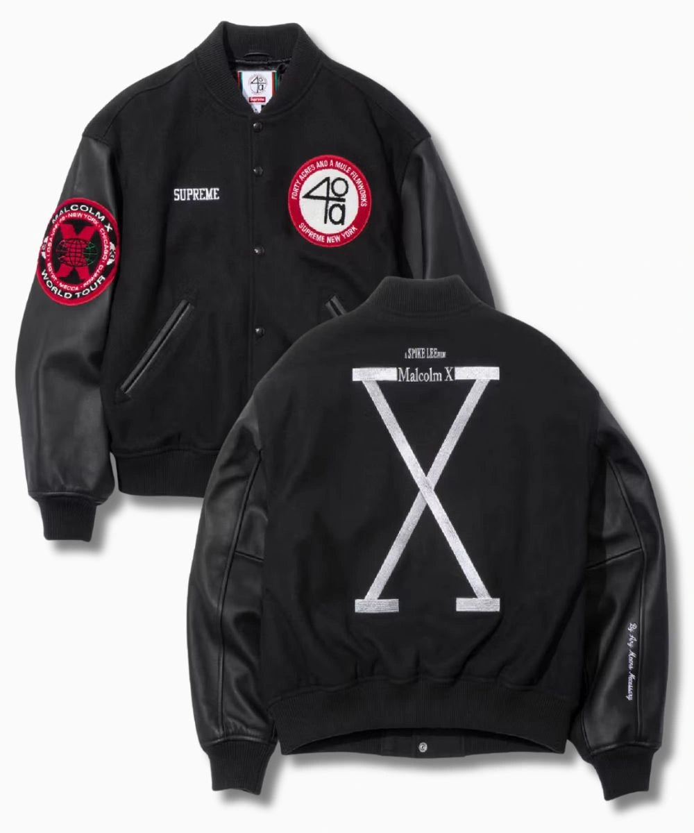 Malcolm X & Clockers Capsule Collab Supreme x Spike Lee 40 Acres Black Varsity Jacket