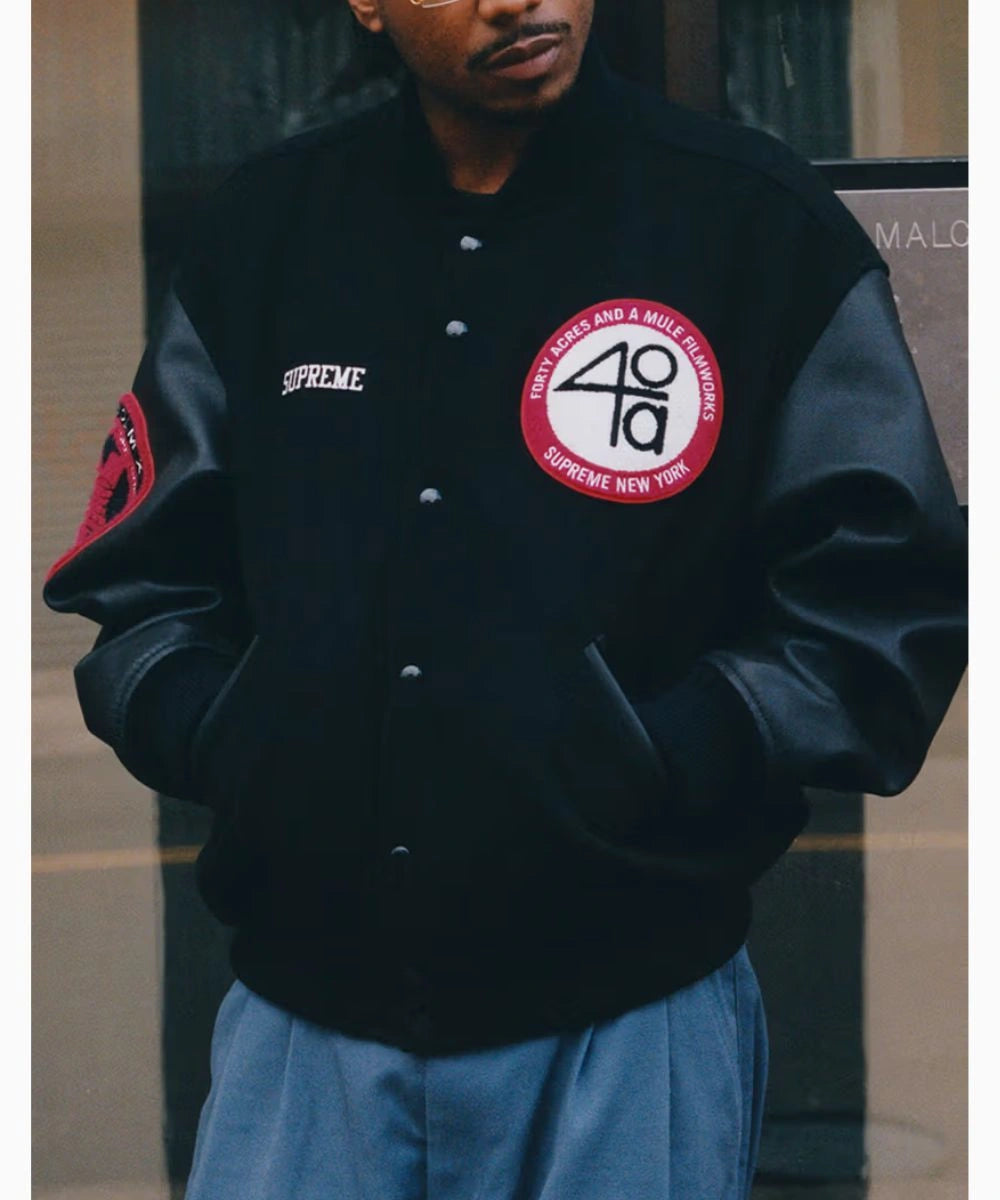Malcolm X & Clockers Capsule Drop Supreme x Spike Lee 40 Acres Varsity Jacket Black