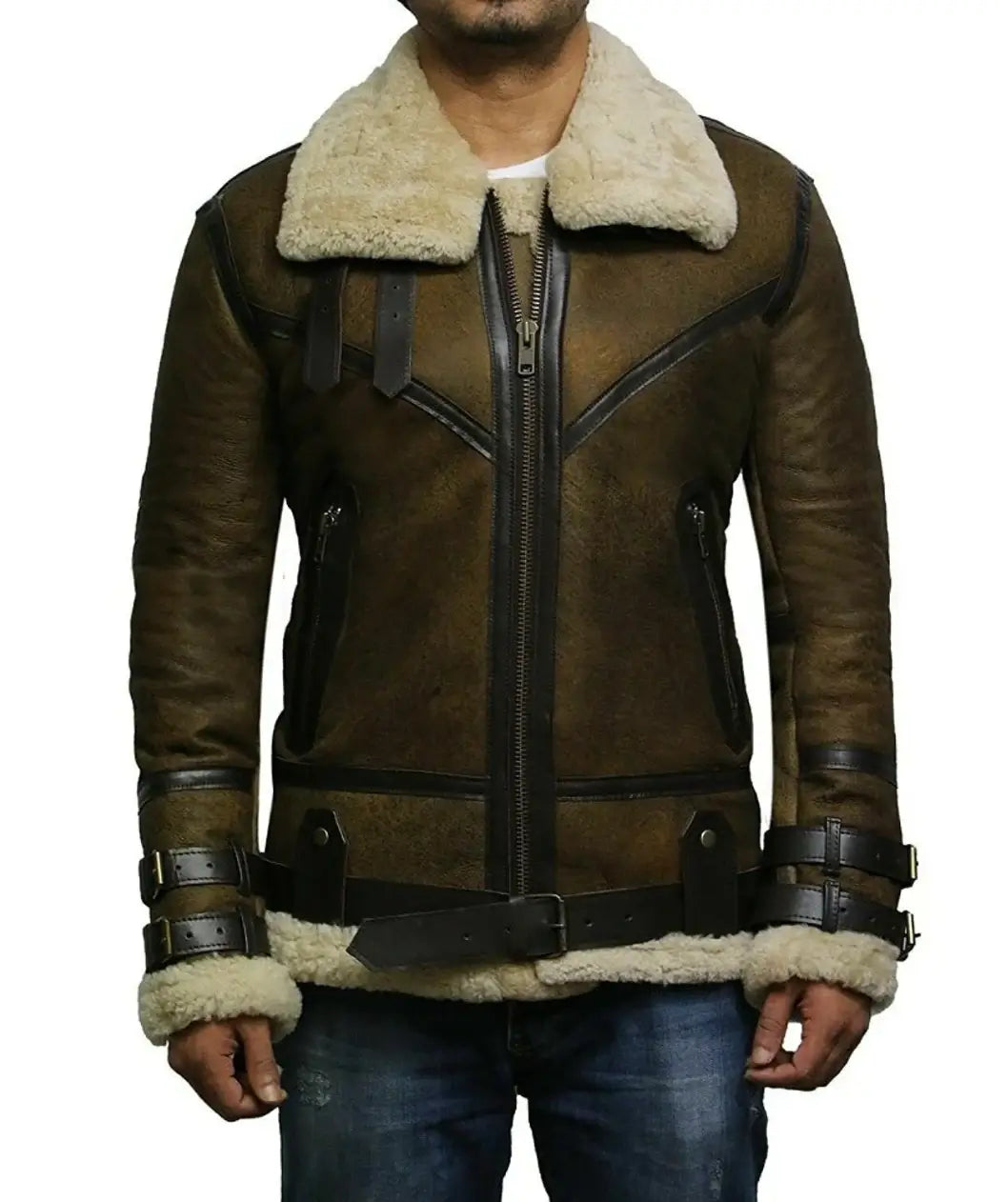 Men Brown Shearling Wax Bomber Fur Leather Jacket