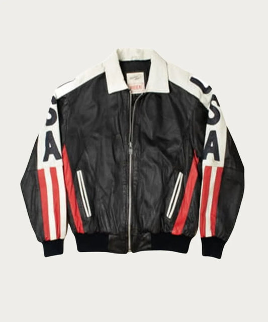 Michael Hoban Vintage USA Flag Leather Bomber Jacket