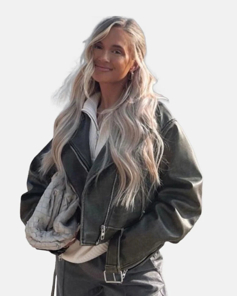 Molly Mae Zara KhakiCharcoalCrop Oversized Belted Leather Jacket