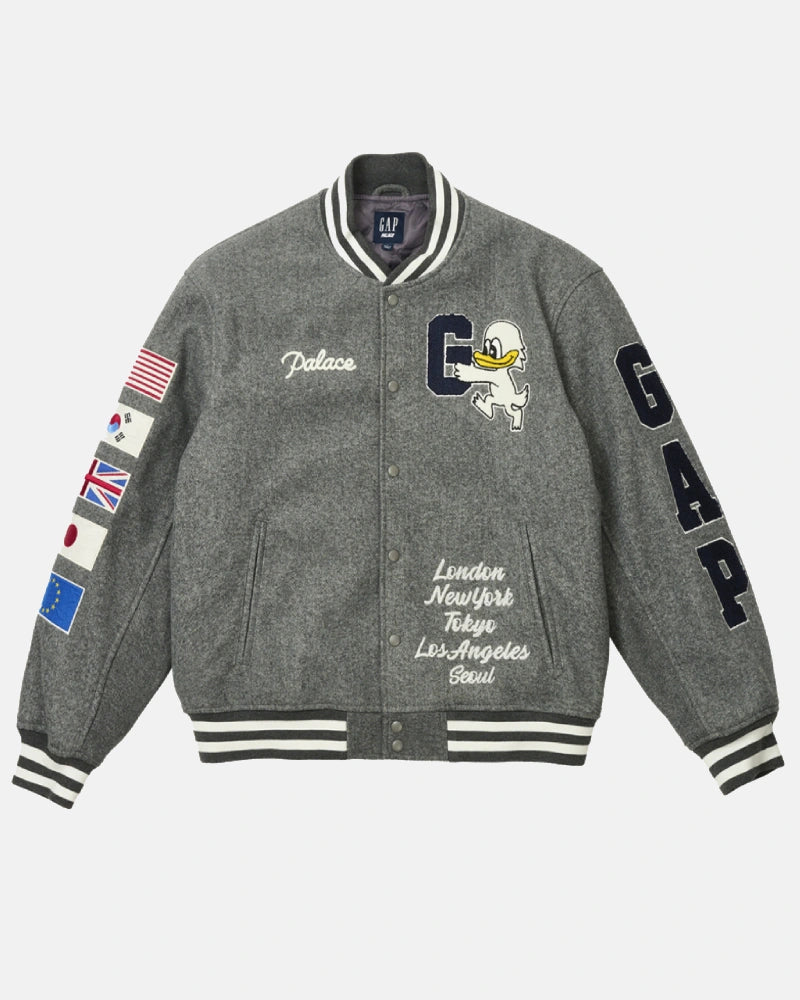 Palace x Gap Varsity Jacket Grey Palace Gap Letterman Jacket TaylorJon