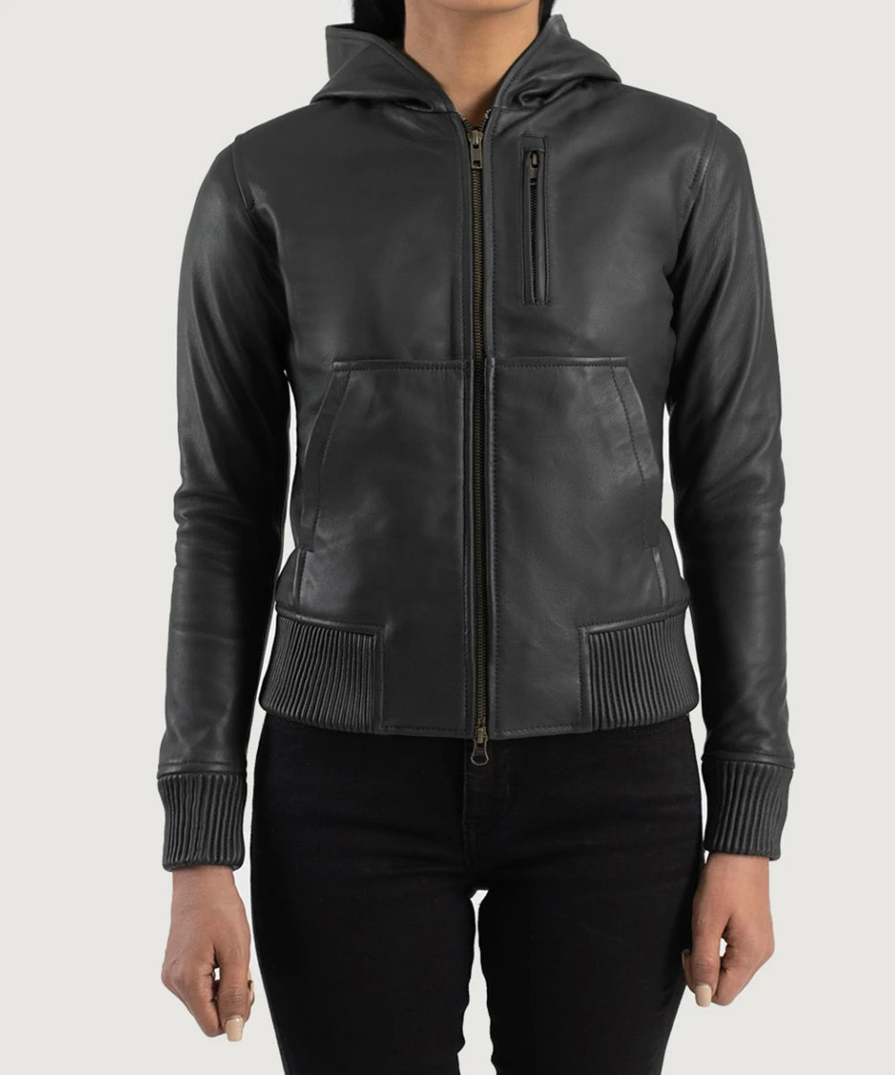 Hooded leather bomber jacket womens hotsell