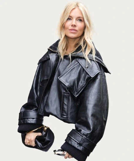 Sienna Miller Paris Fashion Week show 2024  Enormous Crop Leather Jacket