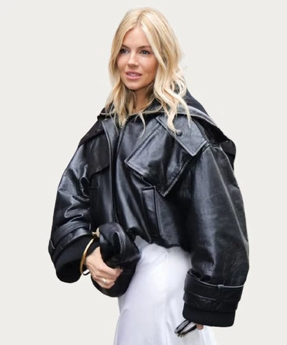 Sienna Miller Enormous Leather Jacket