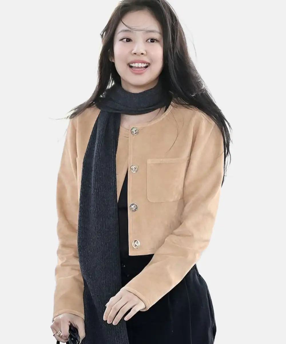 SouthKoreansingerandrapperJennieKimBrownSuedeLeatherCroppedJacket