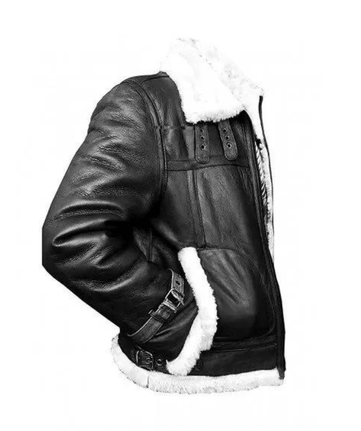 Men Black Shearling Aviator Fur Collar Leather Jacket