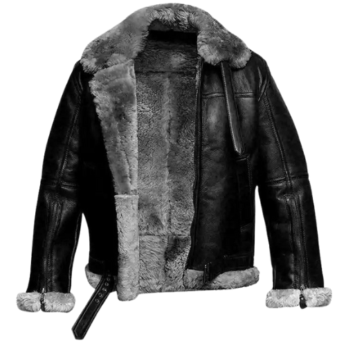 Men Black Aviator Zippered Fur Collar Leather Jacket
