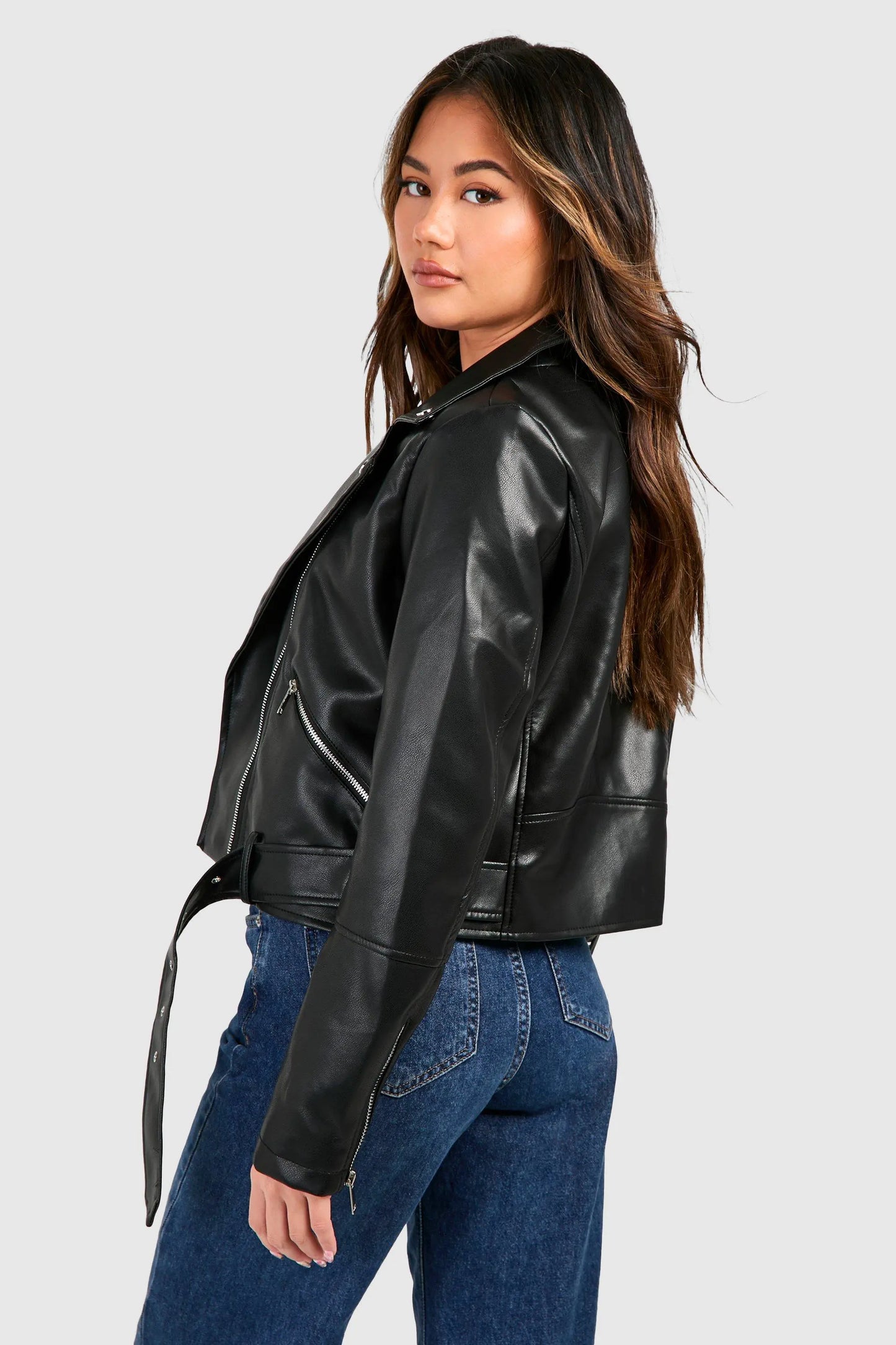 Women Black Belted motorcycle Leather Jacket