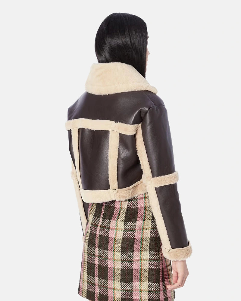 Women Chocolate Shearling Leather Jacket Crop