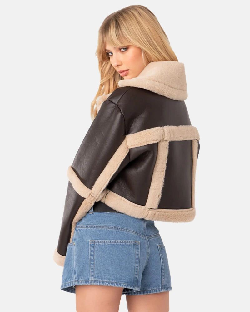 WomenRickyChocolate Shearling Leather Crop Jacket