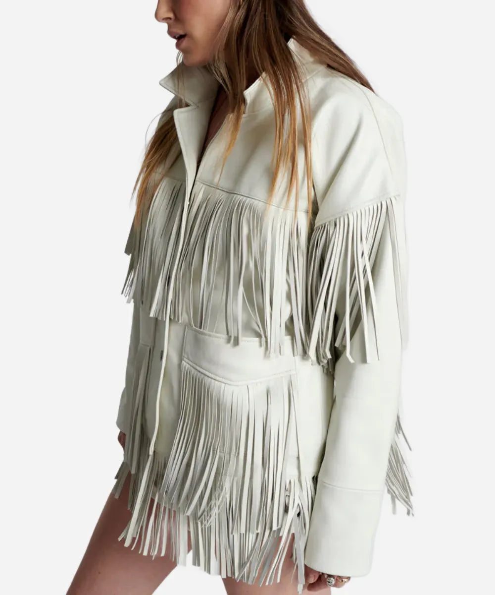 Women's Choas Walking Fringed White Leather Bomber Jacket