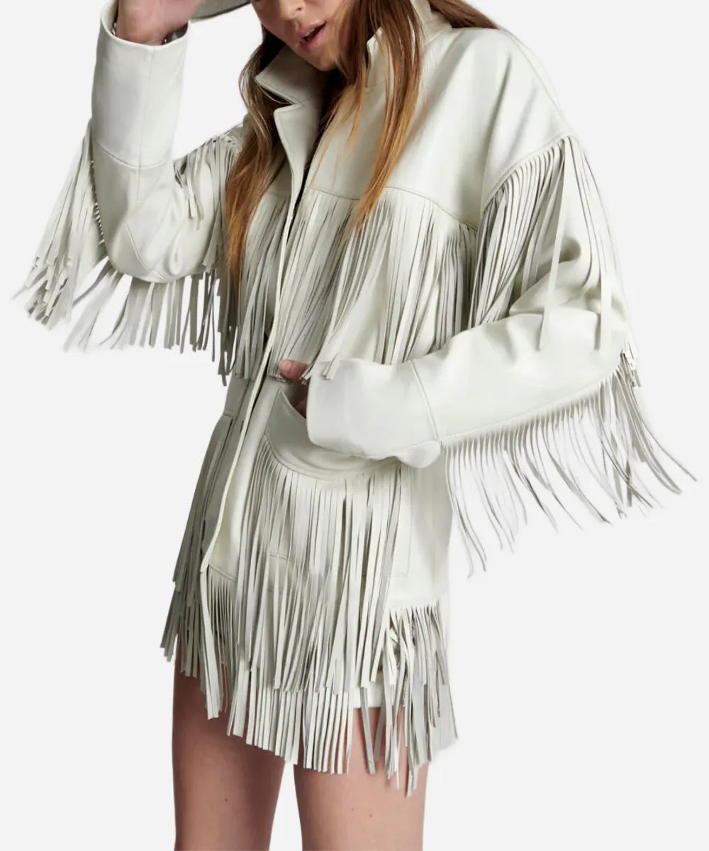 Women's Choas Walking White Fringed Leather Bomber Jacket