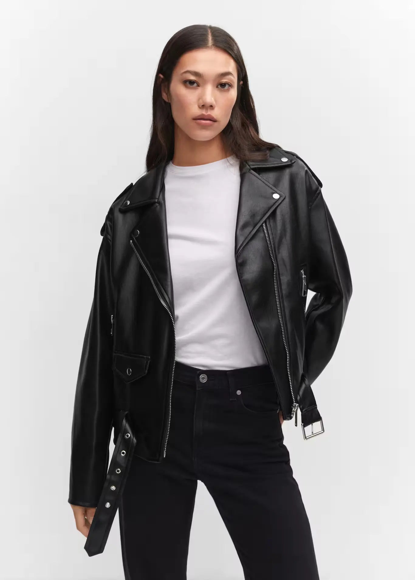 Womens Oversized Black Leather Biker Jacket