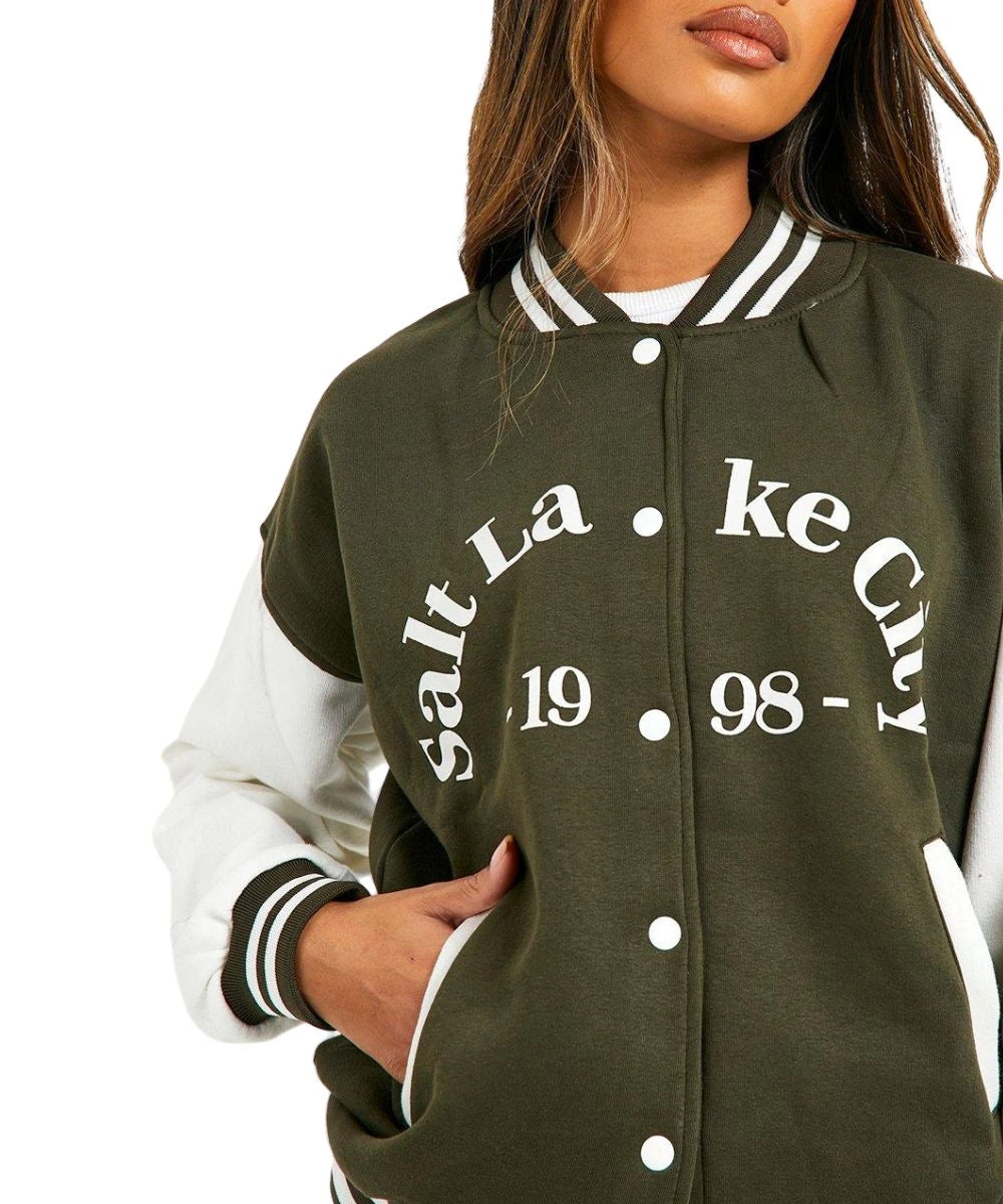 Women's Salt Lake Colour Block Varsity Bomber Jacket Green And White