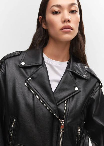 Women_s Vintage Oversized Black Leather Biker Jacket