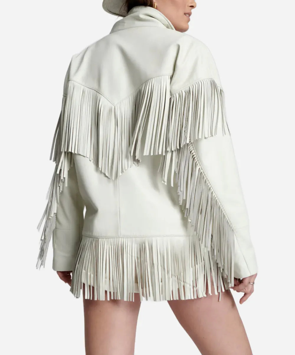 Womens Choas Walking Fringed Leather Bomber Jacket White