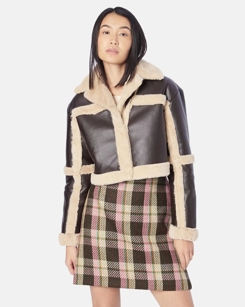 Womens Chocolate Leather Crop Shearling Jacket