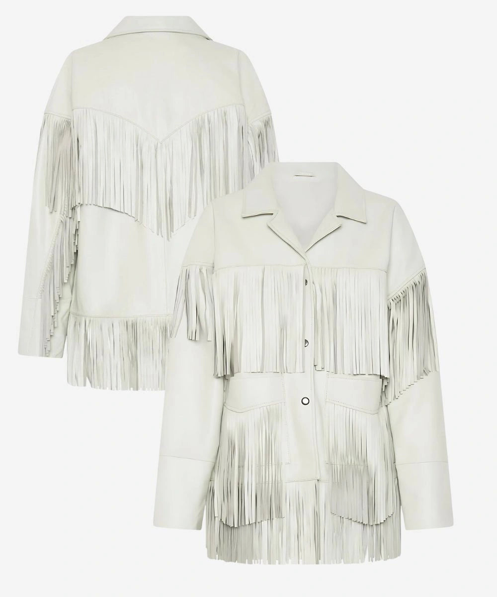 Womens Leather Choas Walking Fringed Jacket White