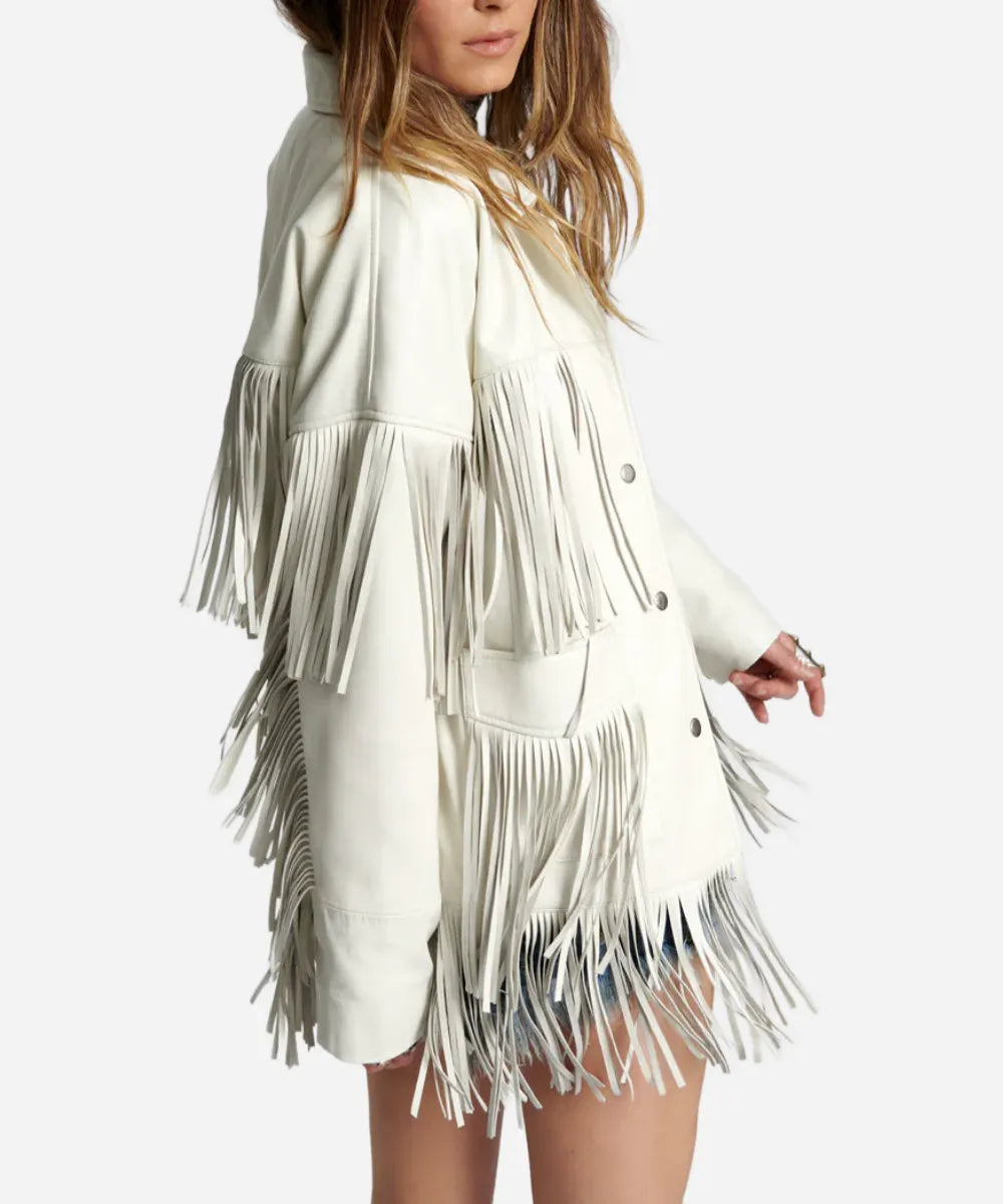 Womens Leather Choas Walking White Fringed Jacket