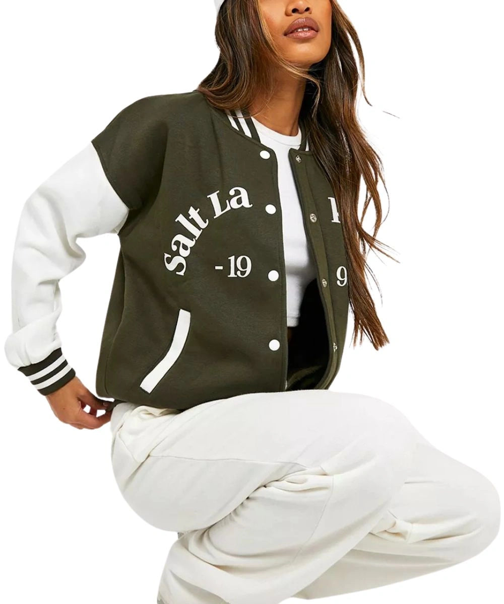 Womens Salt Lake Colour Block Varsity Bomber Green And White Jacket