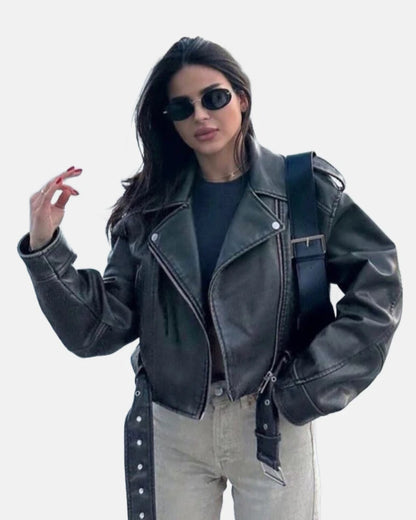 Zara Molly Mae Khaki Charcoal Crop Oversized Belted Leather Jacket