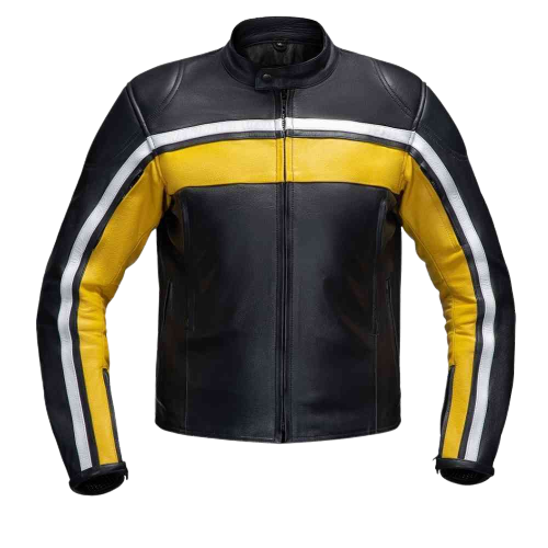 Men Black & Yellow Biker Leather Jacket with White Line