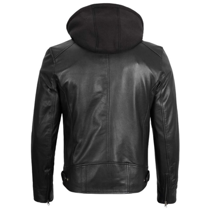 Men Black Leather Motorcycle Jacket With Hood