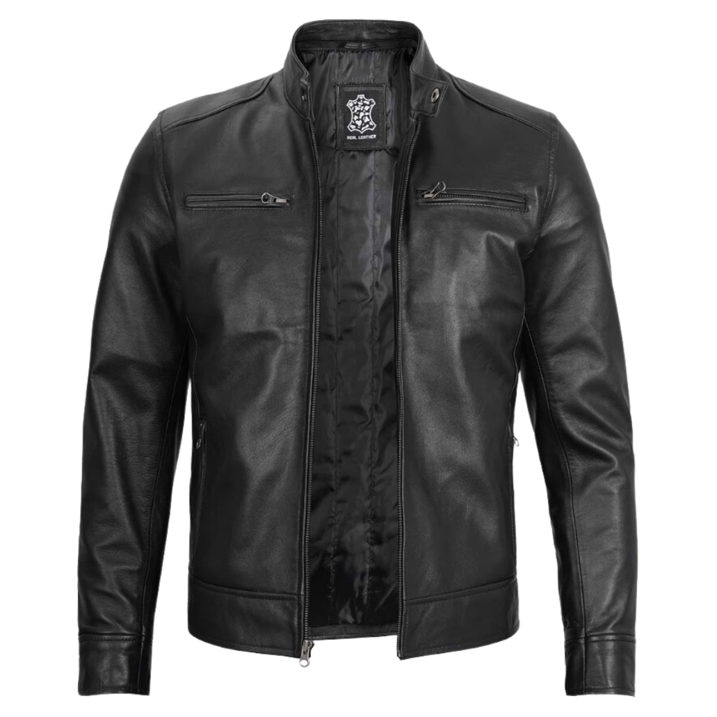 Men Black Leather Motorcycle Jacket With Hood