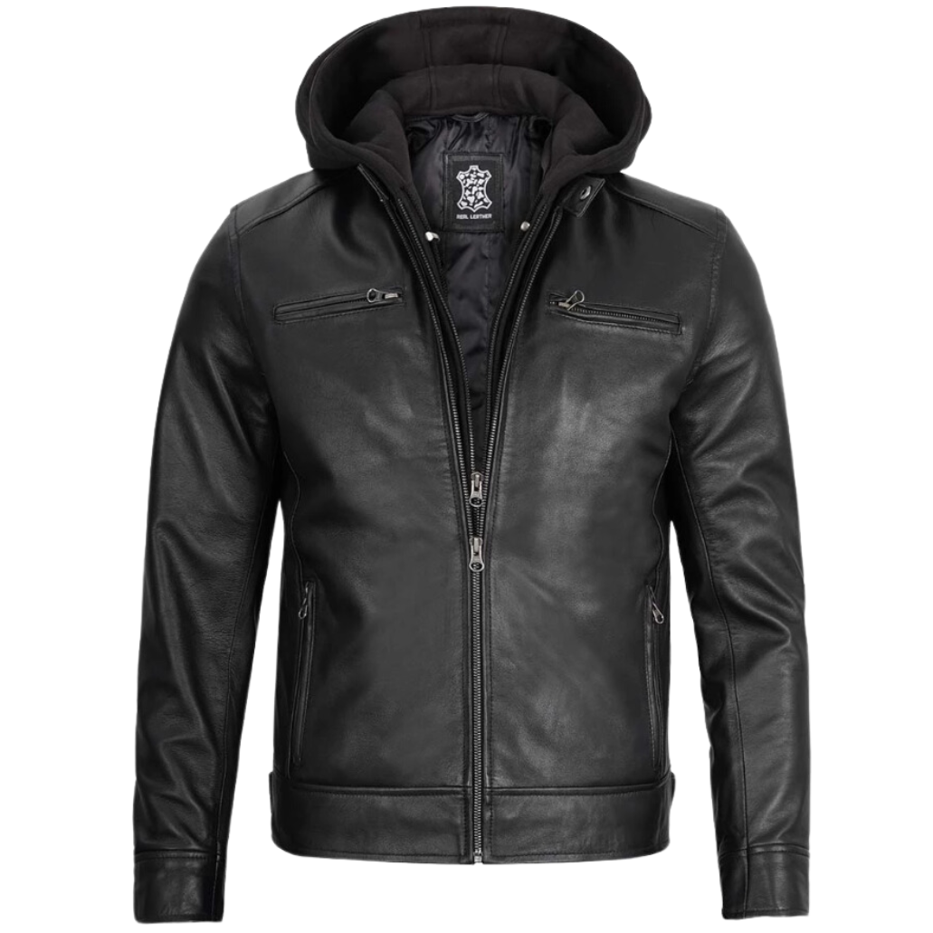 Men Black Leather Motorcycle Jacket With Hood