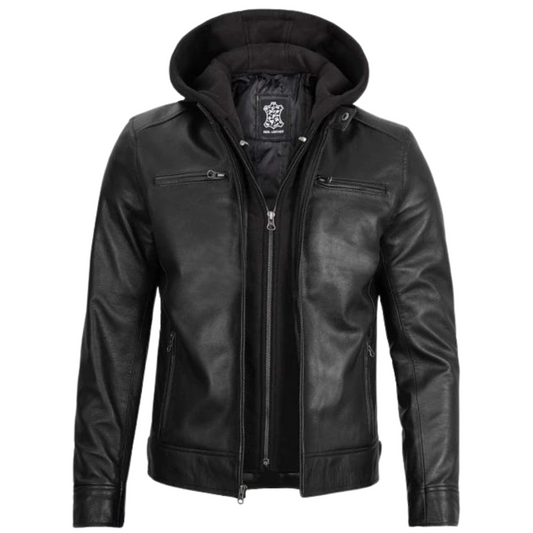 Men Black Leather Motorcycle Jacket With Hood