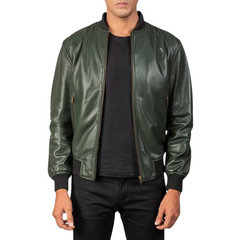 Men Dark Green Bomber Leather Jacket