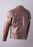 Men Brown Biker Leather Jacket with Cream Stripes