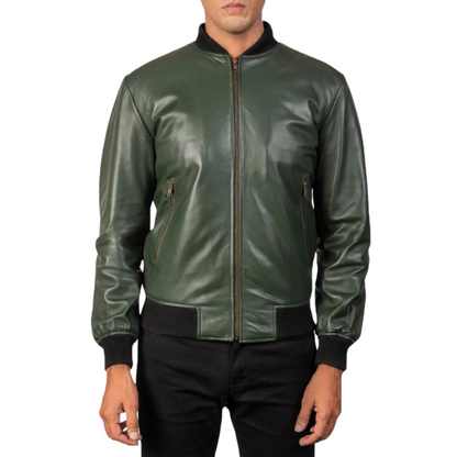 Men Dark Green Bomber Leather Jacket