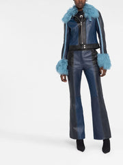 Women Black & Blue Fur Collar Stylish Leather Jacket
